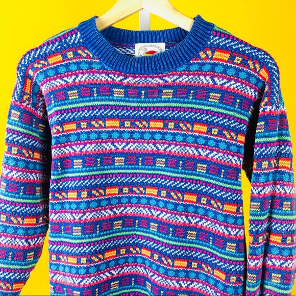 Colorful Blue Multicolor Knit Crewneck Sweater Top - Picture 3 of 5